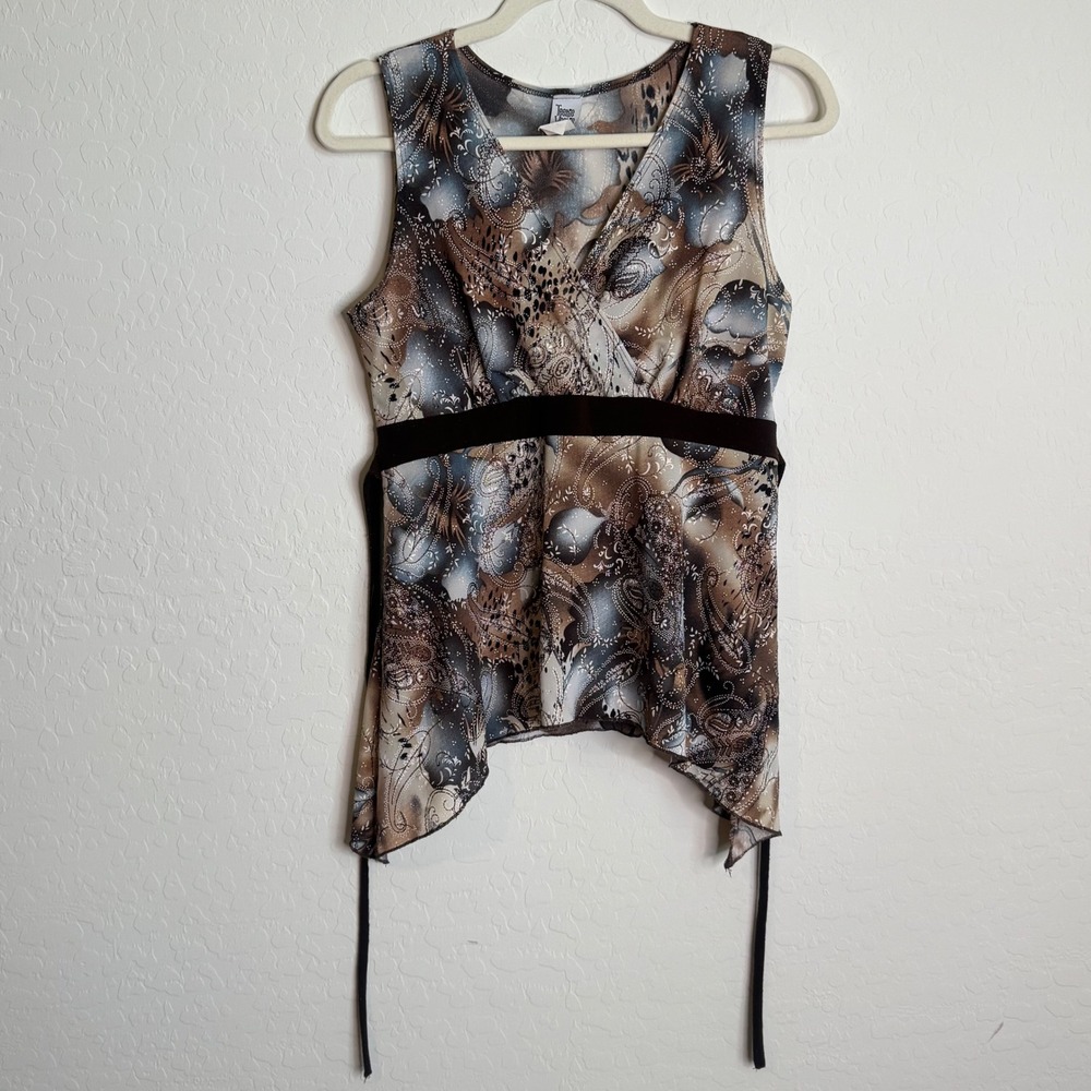 Y2K Babydoll Sz Large Brown Paisley Animal Print Sharkbite Empire Waist‎ Top